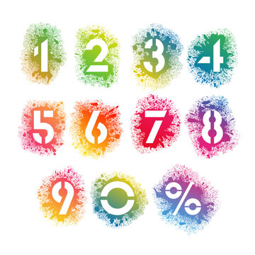 Rainbow paint splatter stencil numbers alphabet on white background. RGB EPS 10 vector illustration