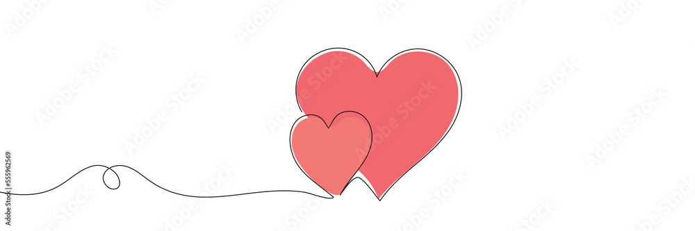 Wall mural Continuous line drawing of love sign with two hearts on white background. Vector illustration