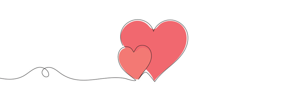 Continuous line drawing of love sign with two hearts on white background. Vector illustration