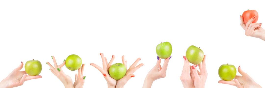 Woman hands with apples set isolated png with transparency. Long footer image with copy space