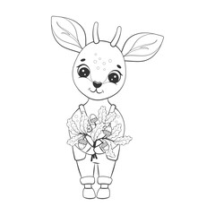 Vector cute antelope baby with oak twigs and acorns. Bambi. Childrens coloring book. Monochrome, black and white graphic. Isolated on white