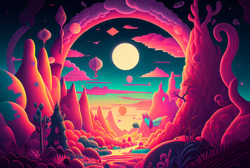 surreal abstract psychedelic neon fantasy landscape background, created with Generative AI