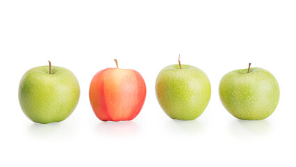 Four large fresh apples in the row: one red and three green. Isolated png with transparency