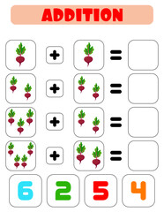 Addition of beets. A task for children. Educational development sheet. Color activity page. A game for children. Beetroot.
