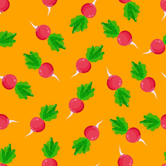 Seamless pattern with radish y on an orange background. A pattern with vegetables on textiles for the kitchen