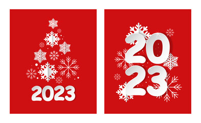 Fototapeta na wymiar Set of two Christmas card. Christmas tree made of snowflakes on a red background. White snowflakes and 2023 number on red.