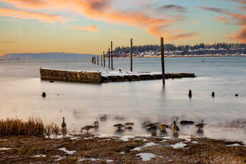 A long exposure view of pilings on the Snohomish River at sunset, taken after an early winter snow....