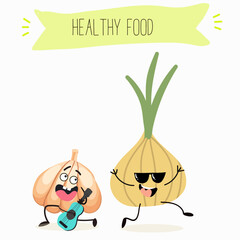 Illustration with funny onion and garlic characters. Funny and healthy food. Vitamins, Food with a cute face, ingredients, antioxidant, vegetarianism, Vector cartoon.