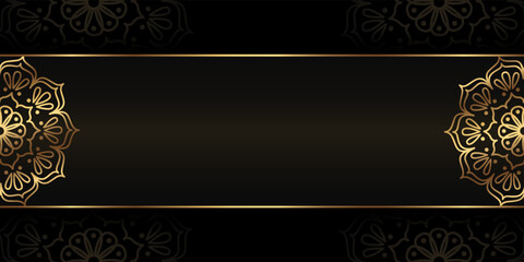 Horizontal vector premium banner with gold floral decor and empty space. Luxury flyer template in black and gold style