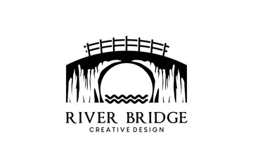 River bridge vector illustration logo design, wooden bridge vintage style