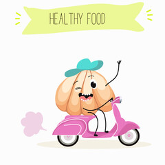 Illustration with funny onion and garlic characters. Funny and healthy food. Vitamins, Food with a cute face, ingredients, antioxidant, vegetarianism, Vector cartoon.