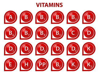 A set of red icons of a multivitamin complex. Multivitamin supplement. Vitamin A, group B 1, B2, B6, B12, C, D, D3, E, K, P, PP. The concept infographics of vitamin for a healthy lifestyle
