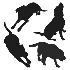 Vector set silhouette of dogs in different positions. Commands lying, lie, sitting, standing, running, walking.
