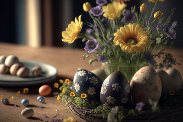 Painted easter eggs on flowers 