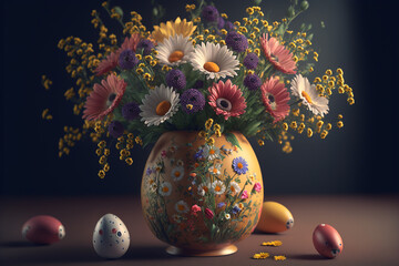 Easter eggs and spring flower pot