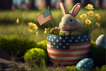 Easter bunny in american flag printed flower pot 