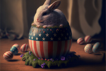 Cute Easter bunny on american painted Easter egg