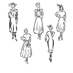 ladies . woman figure collection. Vintage Hand Drawn big set. Fashion and clothes. Retro Illustration in engraving style