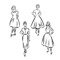 ladies . woman figure collection. Vintage Hand Drawn big set. Fashion and clothes. Retro Illustration in engraving style