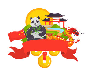China traditional banner design, panda and pagoda vector illustration. Chinese asia culture, east ancient symbol flat background.