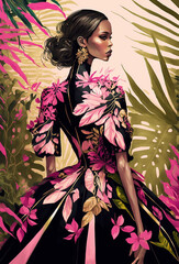 Spring Summer Collection Fashion Illustration, Haute Couture Tropical Outfit, Floral Pattern, Model, Fictional Character, Generative AI