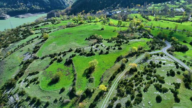 Autumn landscape in the surroundings of the Ibon de Piedrafita. Aerial view from a drone. Jaca Stone. Jaca Municipality. The Jacetania. Huesca, Aragon, Spain, Europe