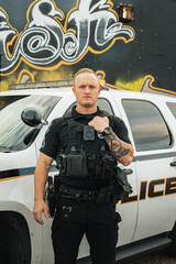 Vertical image of white male caucasian police officer posing with straight face and one hand on...