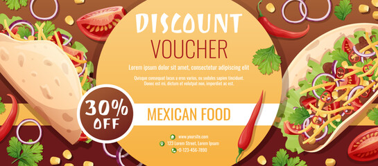Discount voucher, mexican food template design. Coupon with tacos with pepper meat, cheese. Banner, poster, flyer, advertising for a restaurant