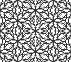 Repeat flower seamless pattern. Black and white limitless background. Abstract floral geometric hexagonal ornament. Endless stylish graphic modern repeat pattern. Fashion monochrome retro decor