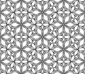 Seamless geometric flower pattern. Decorative black flower fabric background. Vintage flat geometric retro design. Regular floral elegant petals backdrop. Botanical stylish wrapping paper ornament