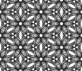 Seamless geometric flower pattern. Vintage black turkish fabric background. Decorative flat geometric arabian retro design. Regular floral elegant petals backdrop. Botanical wrapping paper ornament