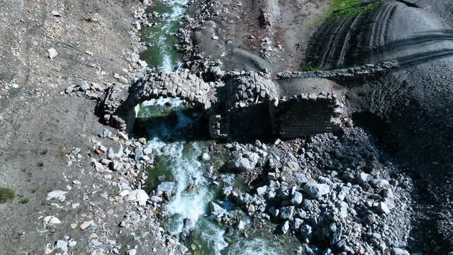 Roman bridge and sunken town of Saqu&eacute;s in the Bubal reservoir. Aerial view from a drone. Jaca Stone. Biescas Municipality. The Jacetania. Huesca, Aragon, Spain, Europe