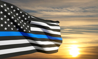 Thin Blue Line. American flag with police blue line on a background of sunset. Support of police and law enforcement. EPS10 vector