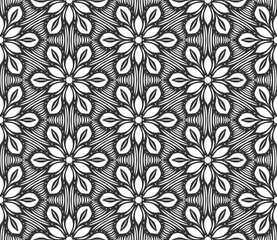Retro abstract flower seamless pattern. Wrapping paper flat botanical design. Textile herbal ornament. Monochrome ornate background. Lace elegant fabric decor. Vintage geometric foliage backdrop