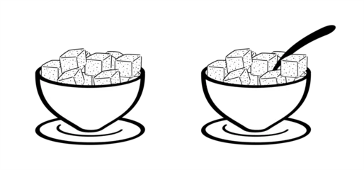 Tuinposter Cartoon, hand draw sugar cubes, spoon and cup. Vector sugar cube icon or symbol. Line pattern. Pile of sugar free cubes. World diabetes day. Pure, white crystal block. Diabetic problem.   © MarkRademaker