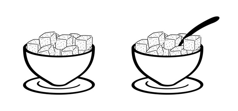 Cartoon, hand draw sugar cubes, spoon and cup. Vector sugar cube icon or symbol. Line pattern. Pile of sugar free cubes. World diabetes day. Pure, white crystal block. Diabetic problem.  