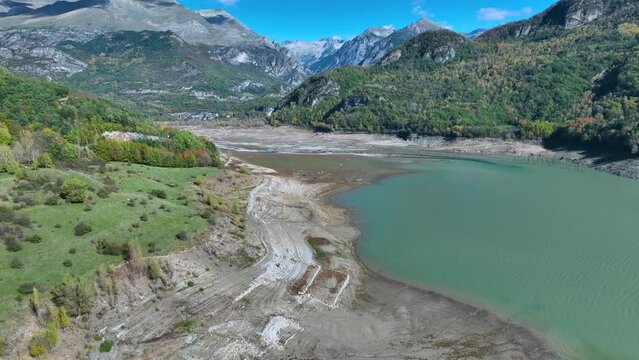 Roman bridge and sunken town of Saqu&eacute;s in the Bubal reservoir. Aerial view from a drone. Jaca Stone. Biescas Municipality. The Jacetania. Huesca, Aragon, Spain, Europe