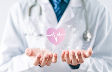 Doctor in white coat holding heartbeat icon for positive healthcare insurance symbol concept, Mental health care, medical check up, heart attack, cardiology, help from specialist concept.