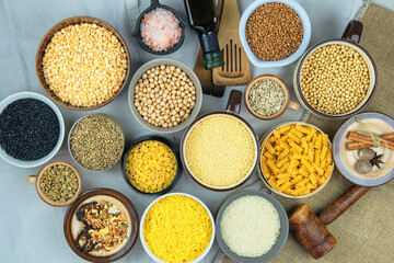 Various vegetarian organic products in bowls. Rural and farm view. Top view. Copy space.