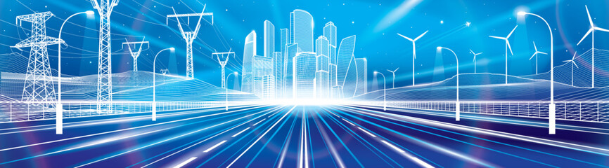 Night highway. Neon glow modern city illustration. High voltage transmission systems. Network of interconnected electrical. Mounrains and turbines at background. White outlines, vector design art 