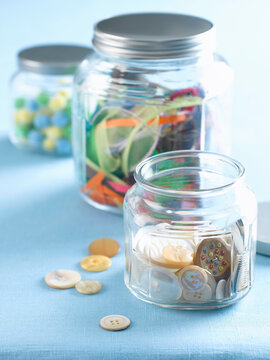 Jars of Buttons, Ribbon and Pom Poms
