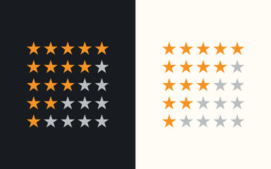 Golden 1-5 ranking stars on both black and white background, yellow isolated stars on black and white background
