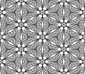 Abstract black geometric floral seamless pattern. Trendy ornate shape fabric print texture. Fashion retro style flower carpet ornament tile vintage decorative hexagonal monochrome wallpaper background