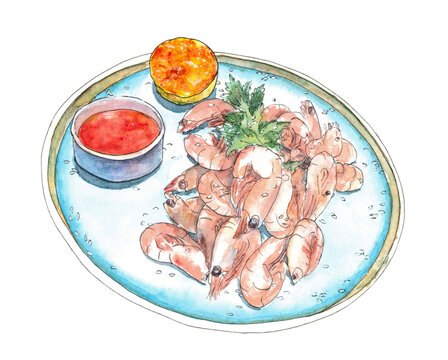 Fried shrimp with sauce and lemon on a turquoise plate. Seafood. Watercolor illustration on a white background. For menu and cookbook.