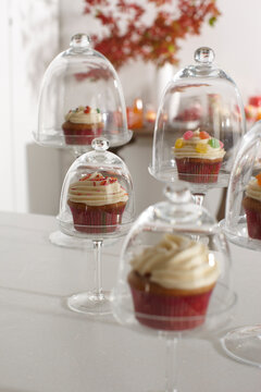 Cupcakes Displayed in Cake Stands for Party, Studio Shot