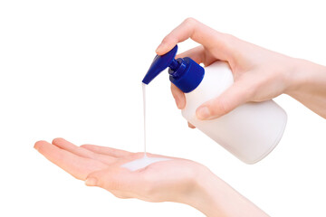 Female hands using liquid soap. Isolated png with transparency - 555971356