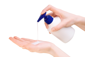 Female hands using liquid soap. Isolated png with transparency