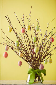 Easter Egg Decorations on Pussy Willows, Studio Shot