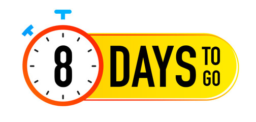 8 days to go timer vector symbol colorful style isolated on white background. Clock, stopwatch, cooking time label. 10 eps