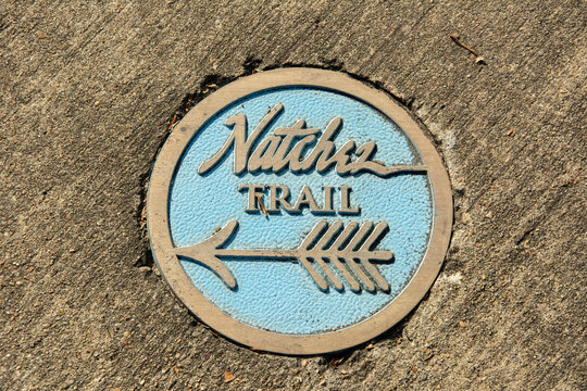 Blue trail marker for tourists visiting Natchez pointing to the historic sites in downtown Natchez, Adams County, Mississippi, 